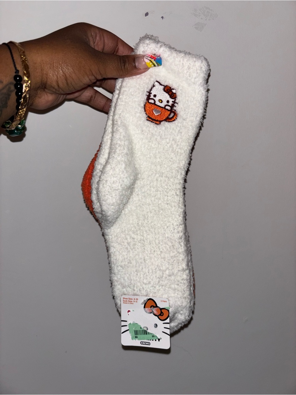Hello Kitty White & Orange Embroidered Fuzzy Socks